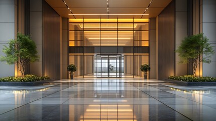 Modern building entrance, night, lobby, city view, architecture, design