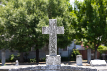 Stone cross tombstone, ornate, sculpture topper