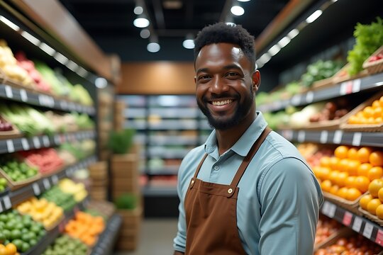 A Smiling Grocery Store Employee In An Apron Stands In The Produce Section, Fresh Food, Customer Service