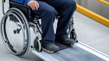 Obraz premium person in wheelchair using ramp for accessibility, showcasing importance of inclusive design in public spaces