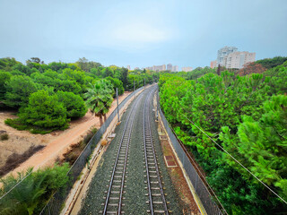 Obraz premium Curving railway tracks pass through a lush green forest with city buildings in the background, blending infrastructure with nature under an overcast sky.