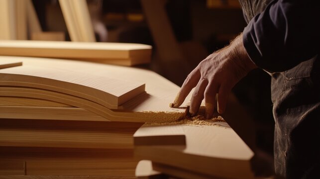 Carpenter shaping wood for a custom staircase. Featuring detail and craftsmanship