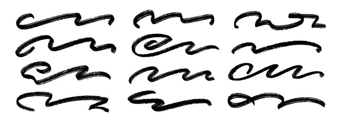 Black wave paint line set. Squiggle sketch brush stroke collection. Charcoal flourish pack for highlight, underline, emphasis. Vector rough scribble swoosh stripe bundle. Handdrawn crayon chalk strips