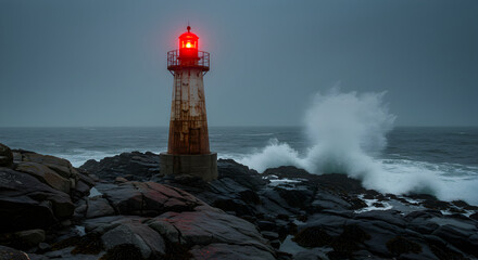 Obraz premium Dramatic Coastal View Of A Lighthouse With Crashing Waves And Rocky Shore