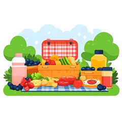 Fototapeta premium Picnic basket filled with fruits and vegetables on a grassy field