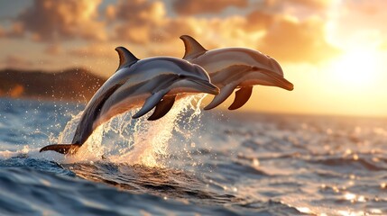 Fototapeta premium Playful dolphins leaping through the ocean at sunset