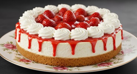 Delightful Strawberry Cheesecake with Glossy Topping and Floral Patterned Plate