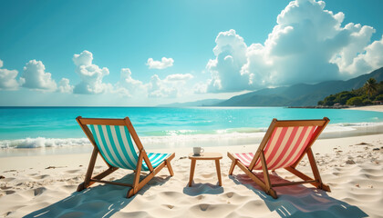 Obraz premium A serene tropical beach scene with two colorful chairs and a small table on the sand, facing clear turquoise waters and distant mountains under a bright sky with fluffy clouds.