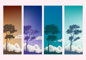 Landscape scene with mountain peaks, hill, lake vector illustration background.
