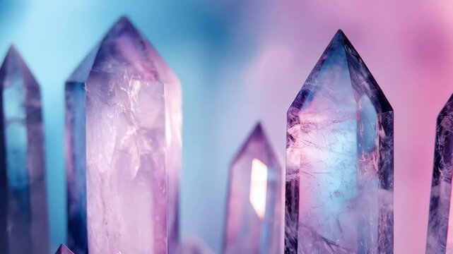 Amethyst crystal points on blue and pink background. Spiritual healing stones for meditation, chakra balancing. New Age practices, energy cleansing.