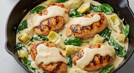 Elegant Tuscan Chicken Dish in Cast Iron Skillet with Artichokes and Spinach