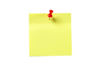 Yellow sticky note with red push pin surface isolated on background