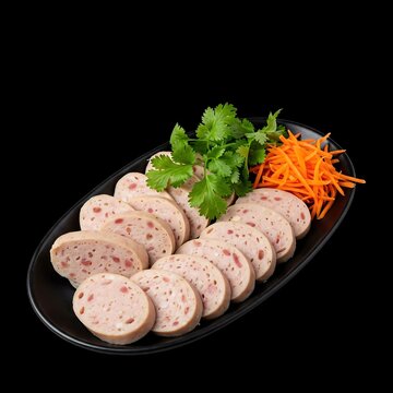  chả lụa, Vietnamese pork sausage, sliced thinly, on a black background, served with pickled carrots and fresh cilantro. 