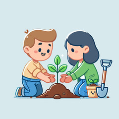 Two Children Planting Young Tree Sapling in Flat Design