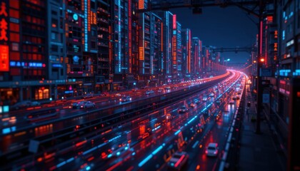 Fototapeta premium Neon Lights, Highways, and Skyscrapers