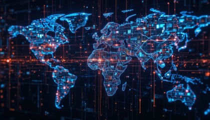 Naklejka premium Global Digital Connectivity Map, Visualization, Technology, Data Network, Modern Environment
