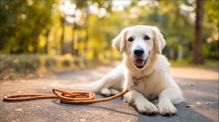 Playful golden retriever with leash on ground, joyful expression in natural light. Pure happiness and carefree spirit of a beloved pet