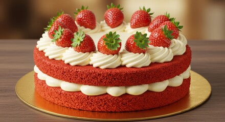 Delightful Red Velvet Cake Topped with Fresh Strawberries and Creamy Frosting