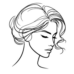 Elegant woman with closed eyes and wavy hair in profile line art style

