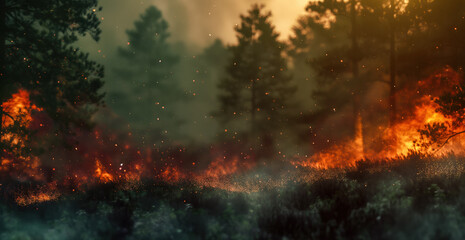 Fototapeta premium Dramatic generative AI rendering of a forest wildfire engulfing trees in flames. Ideal for illustrating environmental disasters, climate change, and emergency response.