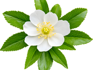 Isolated Photo of a White Flower and Green Leaves Illustration