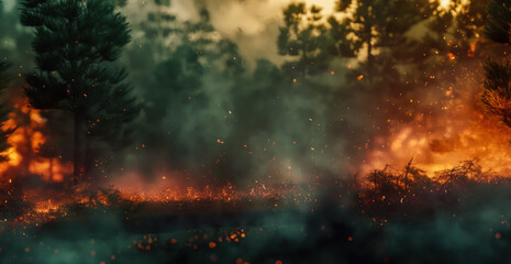 Fototapeta premium Dramatic generative AI rendering of a forest wildfire engulfing trees in flames. Ideal for illustrating environmental disasters, climate change, and emergency response.