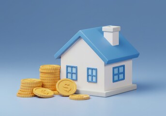 A cartoon house with blue roof and stacked gold coins on a light blue colored background studio shot