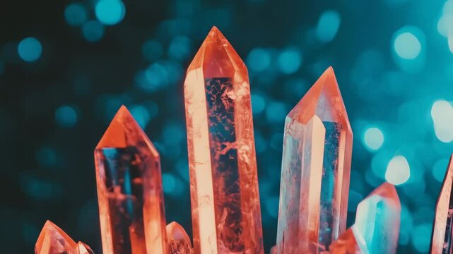 Glowing crystal quartz points against blue bokeh background. Spiritual healing stones for meditation, chakra balancing, and energy work. Wiccan ritual.