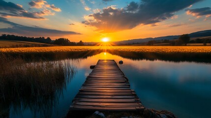 Fototapeta premium Breathtaking sunset over a floating wooden bridge spanning a crystal clear lake surrounded by golden fields