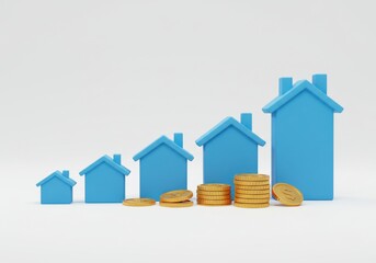 Houses and coins showing growth on a white background in a row from small to large sizes