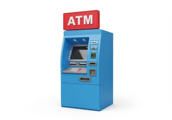 A blue atm machine with a red sign on top isolated on a white background in a studio setting
