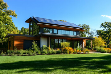 Modern Solar Panels Installed on an Arlington Home Under Clear Blue Sunny Sky, Solar Photography, Solar Powered Clean Energy, Sustainable Resources, Electricity Source.