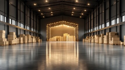 Naklejka premium A spacious warehouse filled with numerous stacked boxes throughout the area.
