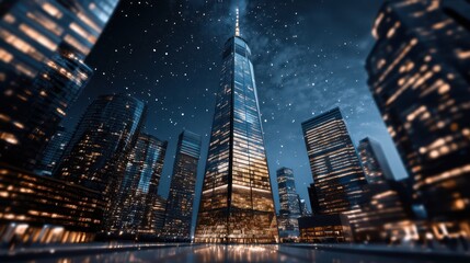 Fototapeta premium City skyline at night with illuminated skyscrapers shining brightly.