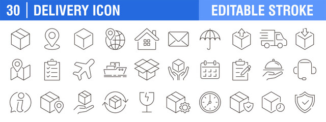 Collection of delivery icons. Shipping, packaging, fast. Vector design template, signs, symbols, editable stroke.