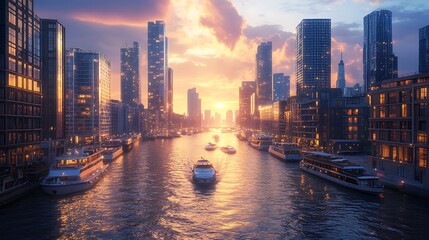Fototapeta premium Sunset cityscape, river boats, skyscrapers, twilight, canal, urban, travel, poster