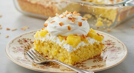 Delectable Pineapple Poke Cake Slice with Whipped Cream and Toasted Coconut on Vintage Plate