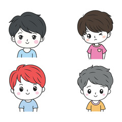 Set of Cute Little Boy Kid Cartoon Character Wearing Casual Clothes with Mood Expression