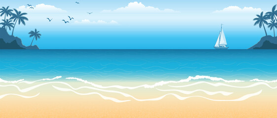 Seascape with sailing yacht, sandy shore and palm trees, summer vacation, vector cartoon © Valerii