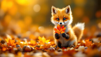Obraz premium A cheerful baby fox stands in a forest clearing surrounded by squirrels and wildflowers. Light-filled and storybook sweet. 