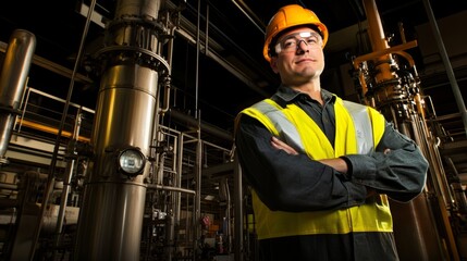 Industrial engineer in safety gear exudes confidence, embodying workplace professionalism and resilience.
