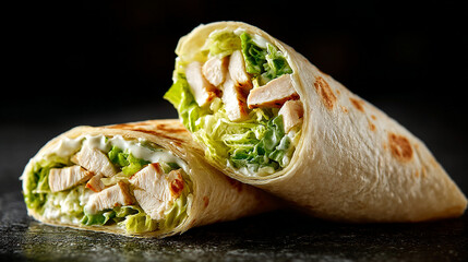Chicken Caesar wrap sliced in half, clean filling view