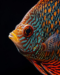 Close up of a discus fish displaying its intricate color patterns dramatic lighting emphasizing texture and detail