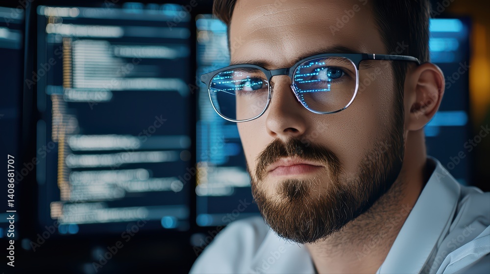 Poster intense male programmer analyzing data on computer screens