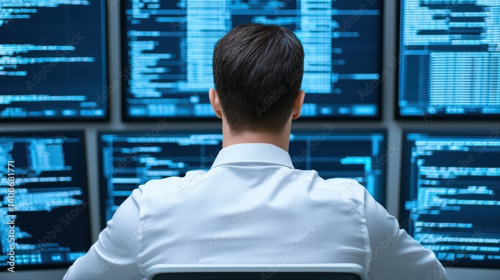 Poster focused professional analyzing data on multiple computer screens
