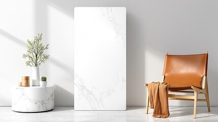 Bright interior. White marble panel, leather chair, & plant arrangement against white wall with soft shadows