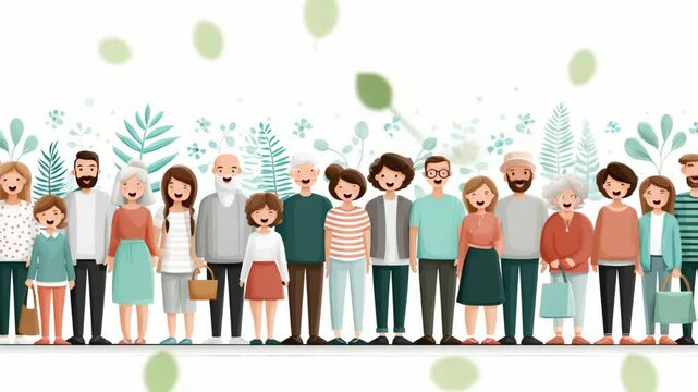 Diverse community group of people standing together, smiling, foliage pattern background, vector illustration in cartoon style for friendship concept