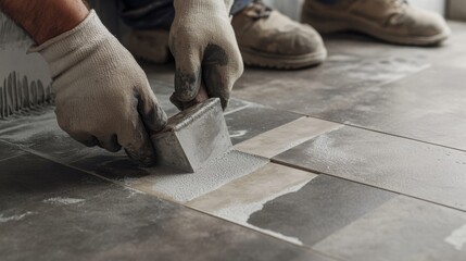 Mason applying grout to a tiled surface in a bathroom. Featuring precision and detail