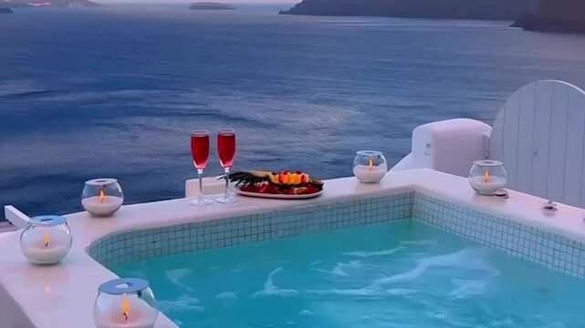 Romantic Jacuzzi Sunset View Over Santorini Caldera