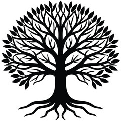 Black silhouette tree with leaves and roots, round shape on white background
